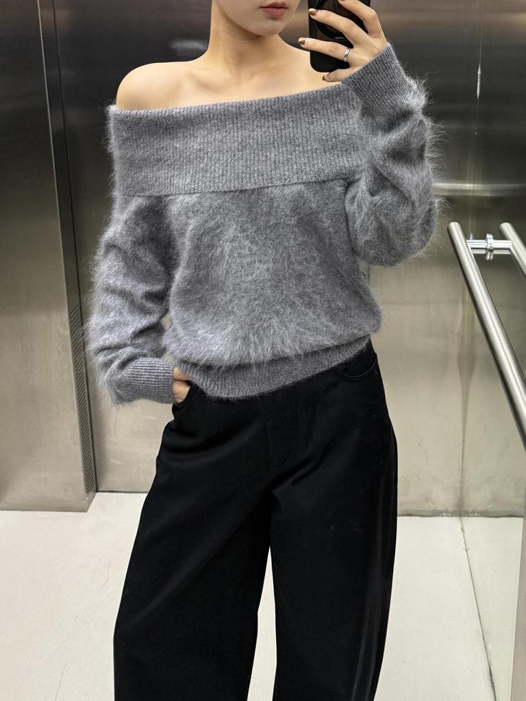 Women's One-Shoulder Knit Pullover Sweater: Off-Shoulder, Long Sleeve, Soft & Brushed - Autumn/Winter Collection
