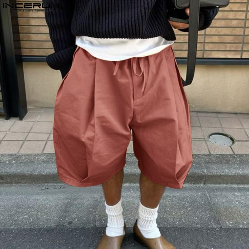 INCERUN Men Drawstring Elastic Waist Casual Loose Wide Legs Half Pants Shorts