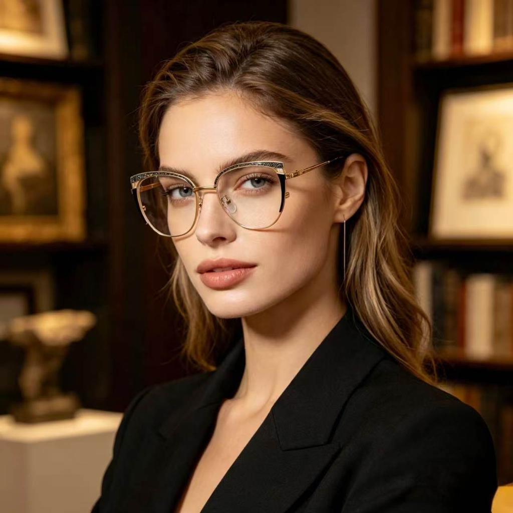 European and American new fashion anti-blue glitter glasses cat eye frame female metal personality trend versatile street shot flat mirror