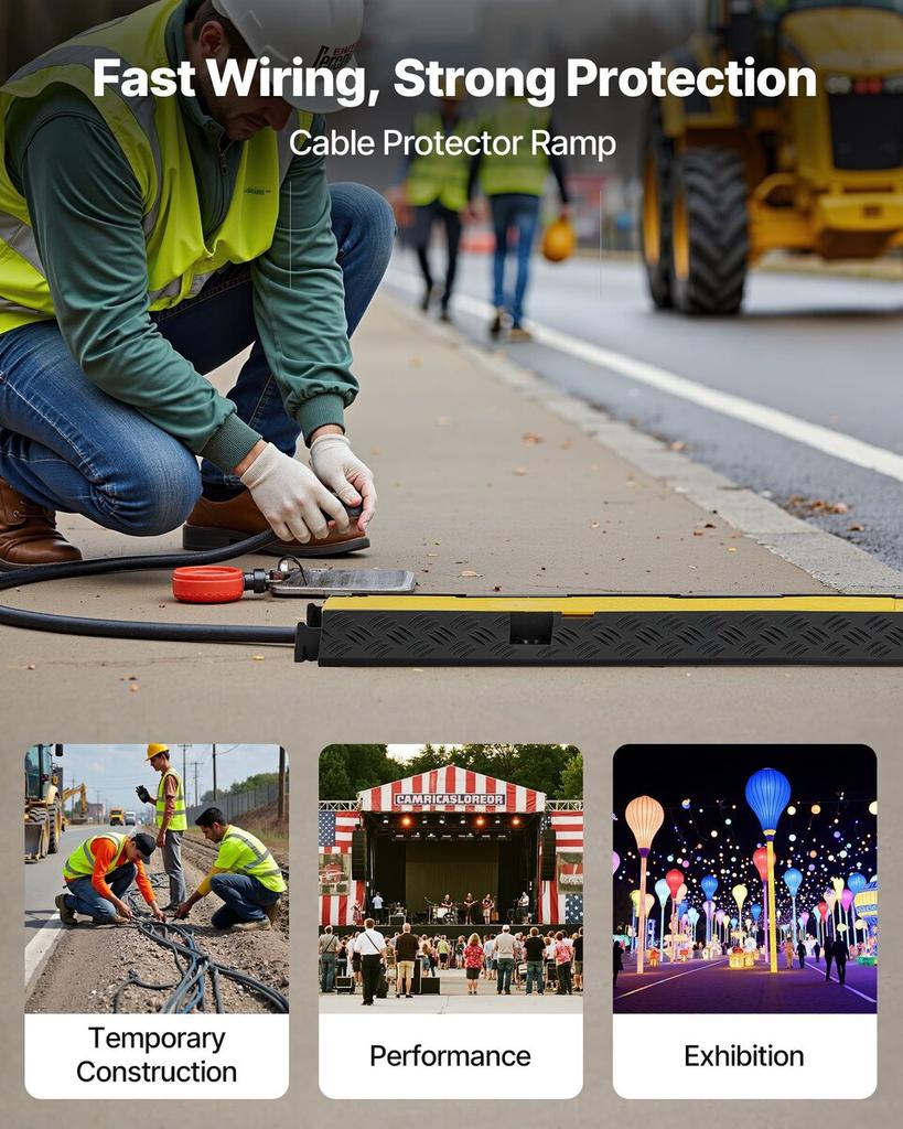 Cable Protector Ramp, 9,979 Kg/axle Capacity, 2 Channel Heavy Duty Rubber Cord Hose Wire Cover, 32 X 31 Mm Channel, Traffic Speed Bump with Flip-Open