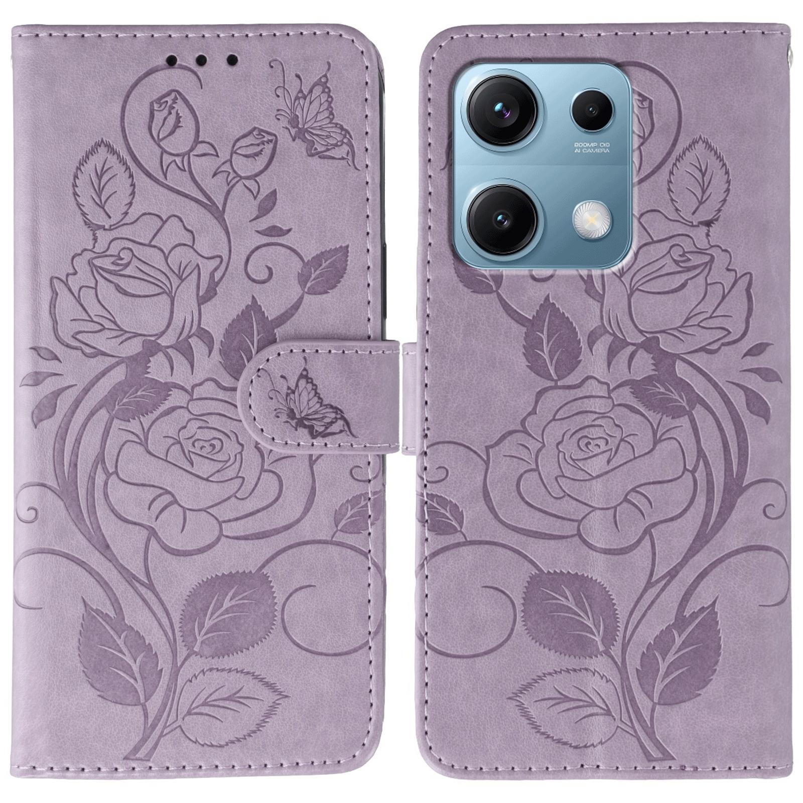 

For Xiaomi Redmi Note 14S 4G Case Wallet Stand Imprinted Rose Butterfly PU Leather Phone Cover Purple