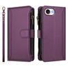 (Purple) For iPhone 16e Leather Case 9 Card Slots Zipper Wallet Stand Phone Cover with Wrist Strap