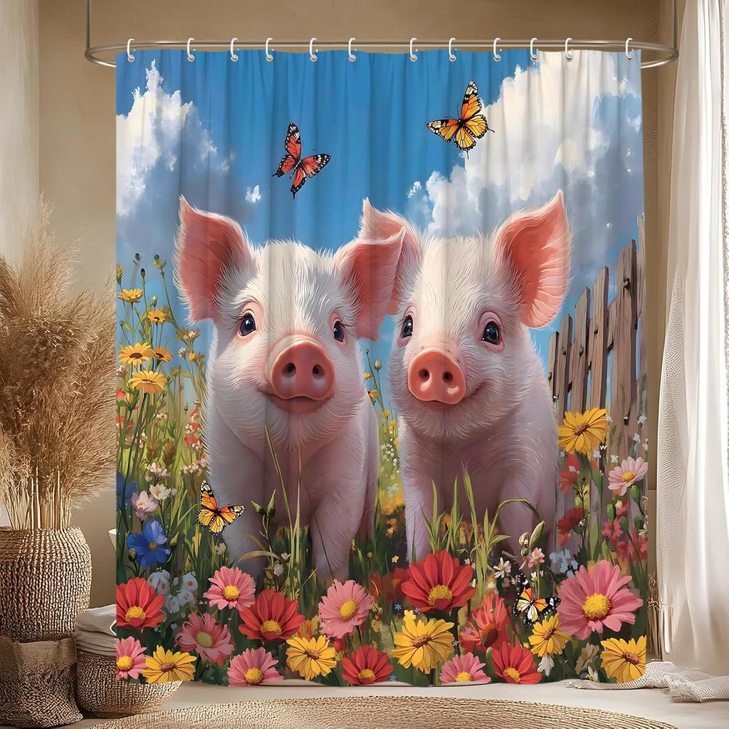 Prase Sprchový závěs Roztomilé hospodářské zvíře Akvarelový Květinový Zelené listy Plot Statek Polní květina Koupelnová dekorace Závěsy s