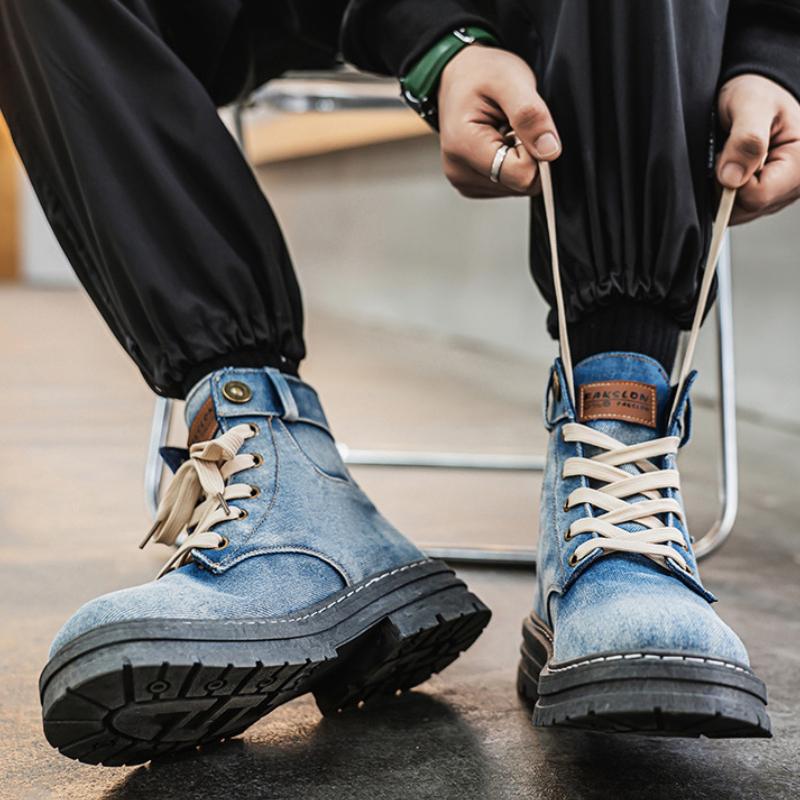 Retro Men's Platform Denim Boots High Quality Men Tooling Boots Fashion Trend Denim Versatile Casual Shoes High Top Working Shoe