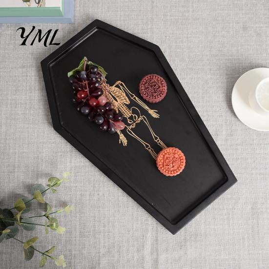 Unique Shape Dessert Plate Halloween Gothic Serving Tray with Engraved Skeleton, Wooden Charcuterie Board, Casket Skull Print Jewelry Display Storage
