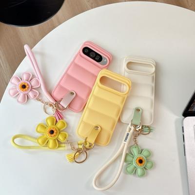 Cartoon Sunflower Down Jacket Lanyard Phone Case for Google Pixel 5 6 7 8 9 10 Pro 9A 7A 6A 5A Hand Wrist Strap Soft TPU Cover