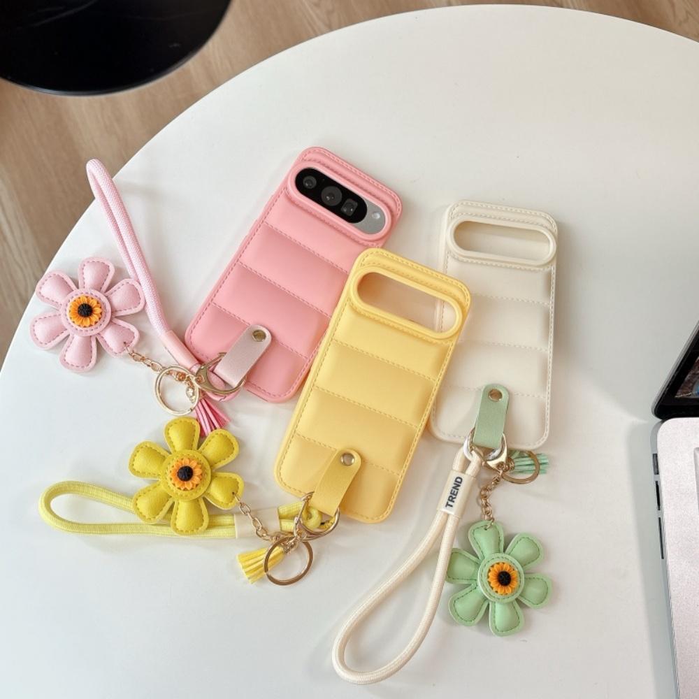 Case For Phone Yulin-003 Cartoon Sunflower Down Jacket Lanyard Phone Case For Google Pixel 5 6 7 8 9 10 Pro 9A 7A 6A 5A Hand Wrist Strap Soft Tpu Cover
