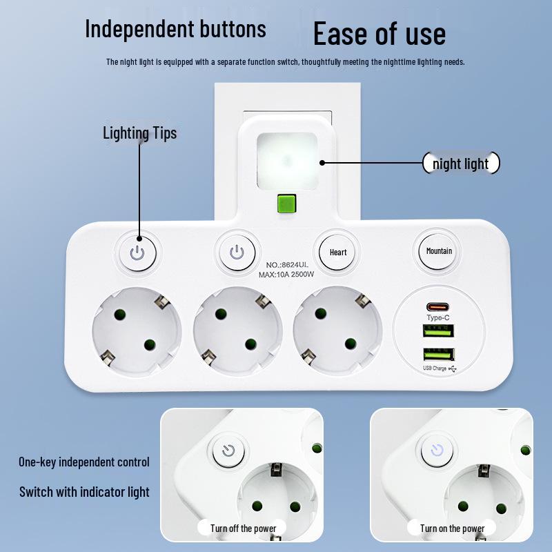 Tomada Europeia 16A 3-em-1 com Interruptor Individual e Luz Noturna, Certificado CE Adaptador Francês/Europeu