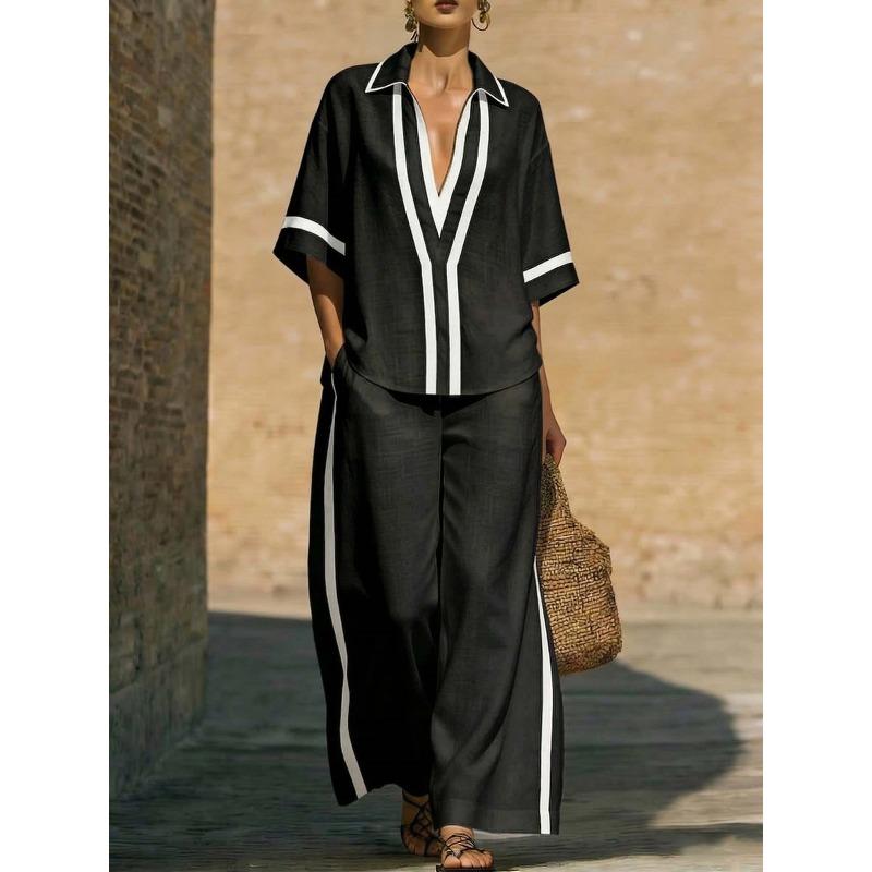MGHR Women's Fashion Spring Autumn Casual 3/4 Sleeves POLO Neck Pants Suits