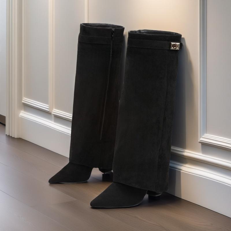 Elegant High Heel Mid-Calf Boots with Metal Buckles for Formal Banquets, Stylish Riding Boots for Women, Chunky Heel Dress Boots