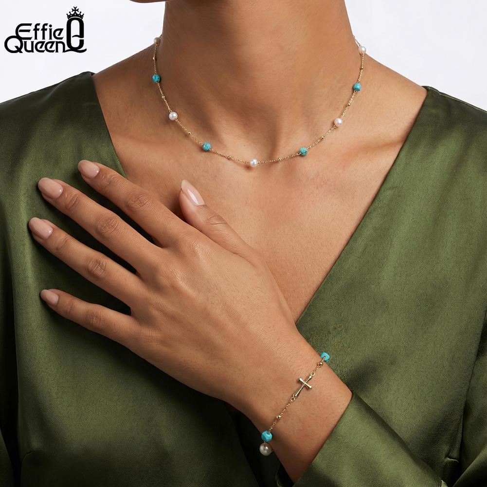 Effie Queen 925 Sterling Silver Natural Turquoise Bracelet Trend Turquoise Freshwater Pearl Charm Bracelet Energy Jewelry MPB23
