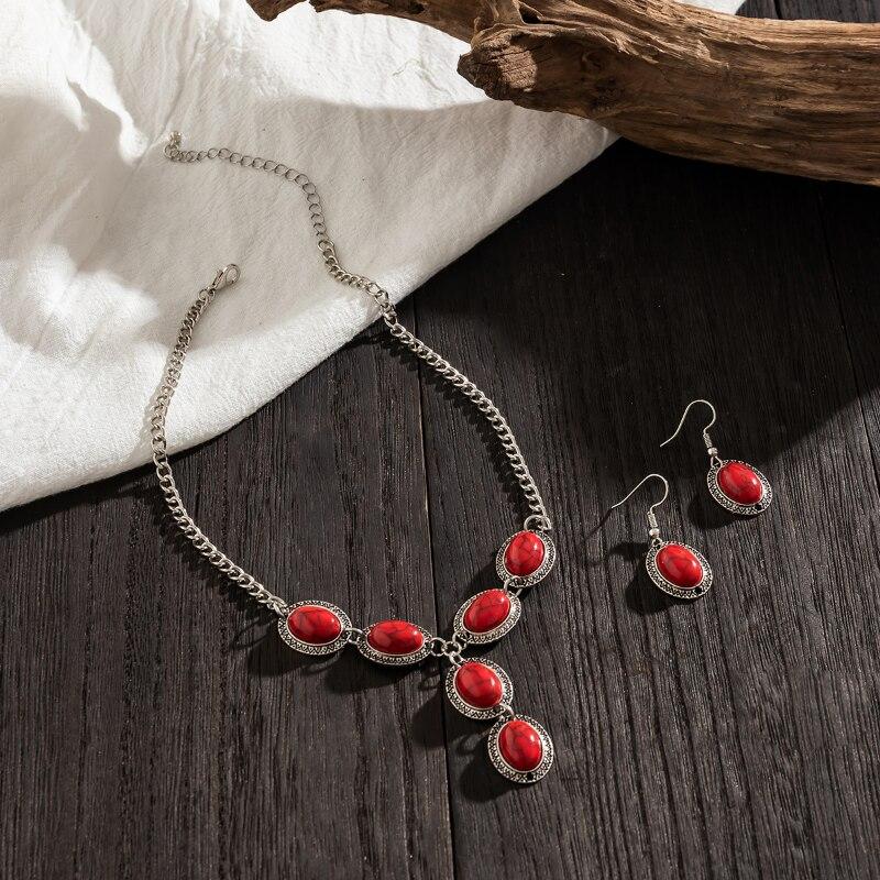 Etnik Vinatge Takı Setleri Moda Lüks Turkuaz Taş Kolye Kolye Küpe Seti Zarif Kadın Alyans Takı Hediye