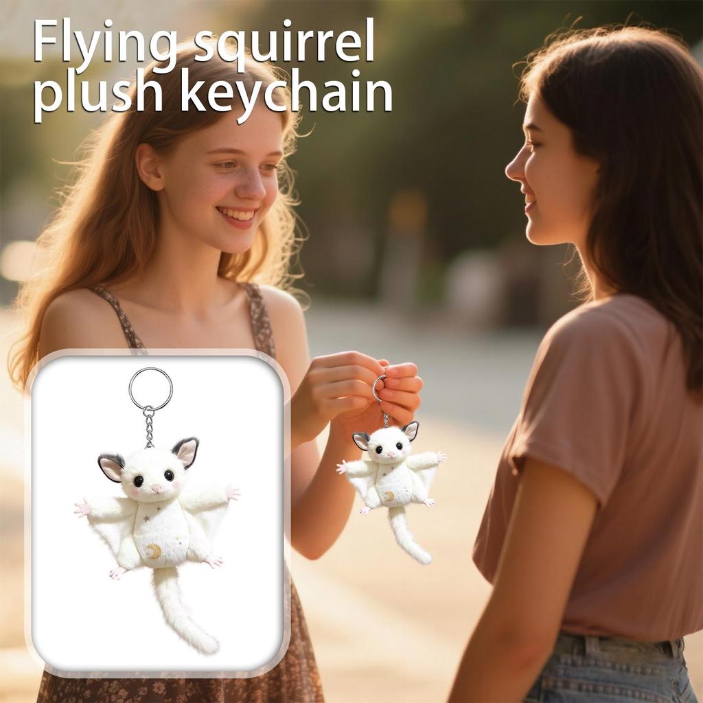 Plush Flying Squirrel Keychain Soft Stuffed Animal Toy with Embroidered Moon and Star Pattern Lightweight Portable Accessory for Bags and Keys
