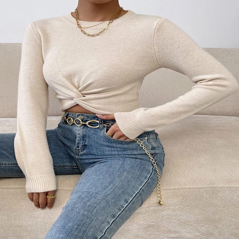 Autumn Sexy Hollow Out Twisted Knitted Sweater Women Slim Fit Long Sleeve Casual Women's Pullover Sweaters Round Neck Solid Elegant Knitwears 25063