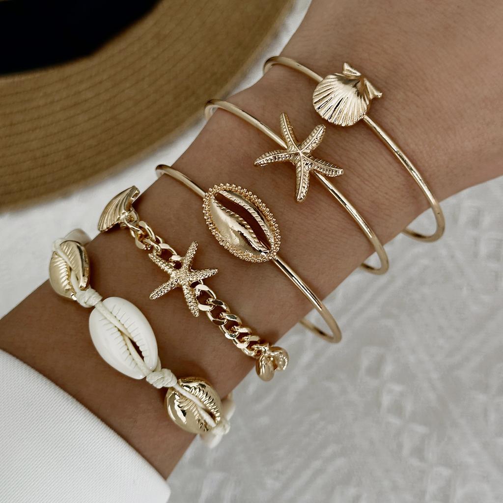 Mermaidcore Ocean Aesthetic Chic Stacked Bracelets Set Women 5Pcs Starfish Cowrie Shell Layered Bangle Beach Party Charm Jewelry