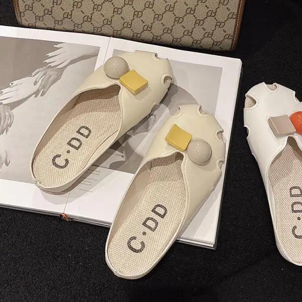 Fashion Shoes Women Loafers Slippers Summer Slides Low String Bead Pantofle Cover Toe Soft 2025 Flat Casual Rome Fabric Rubber Hoof Hee