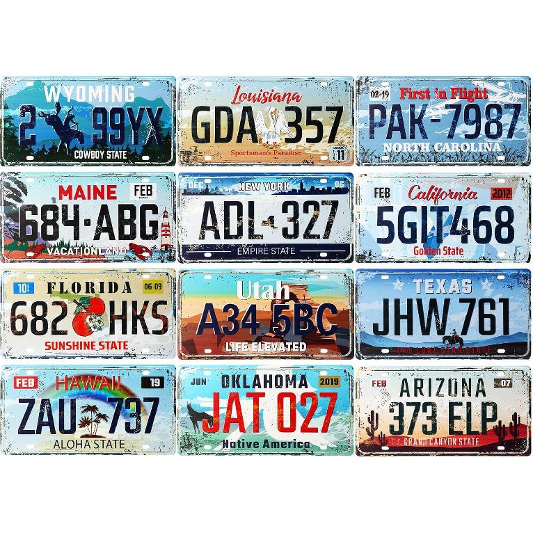 12 Pieces Vintage State License Plates for Decoration Tin Signs Vintage US State Number Tags Metal Automotive Sign for Man Cave Garage Bar Home Wall