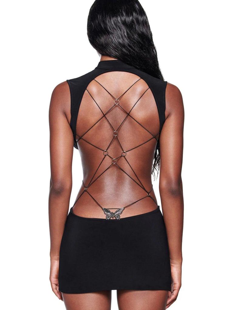 IAMGIA Strappy Backless Mini Dress with Metal Butterfly Cut-Out Waist and Hip-Hugging Skirt