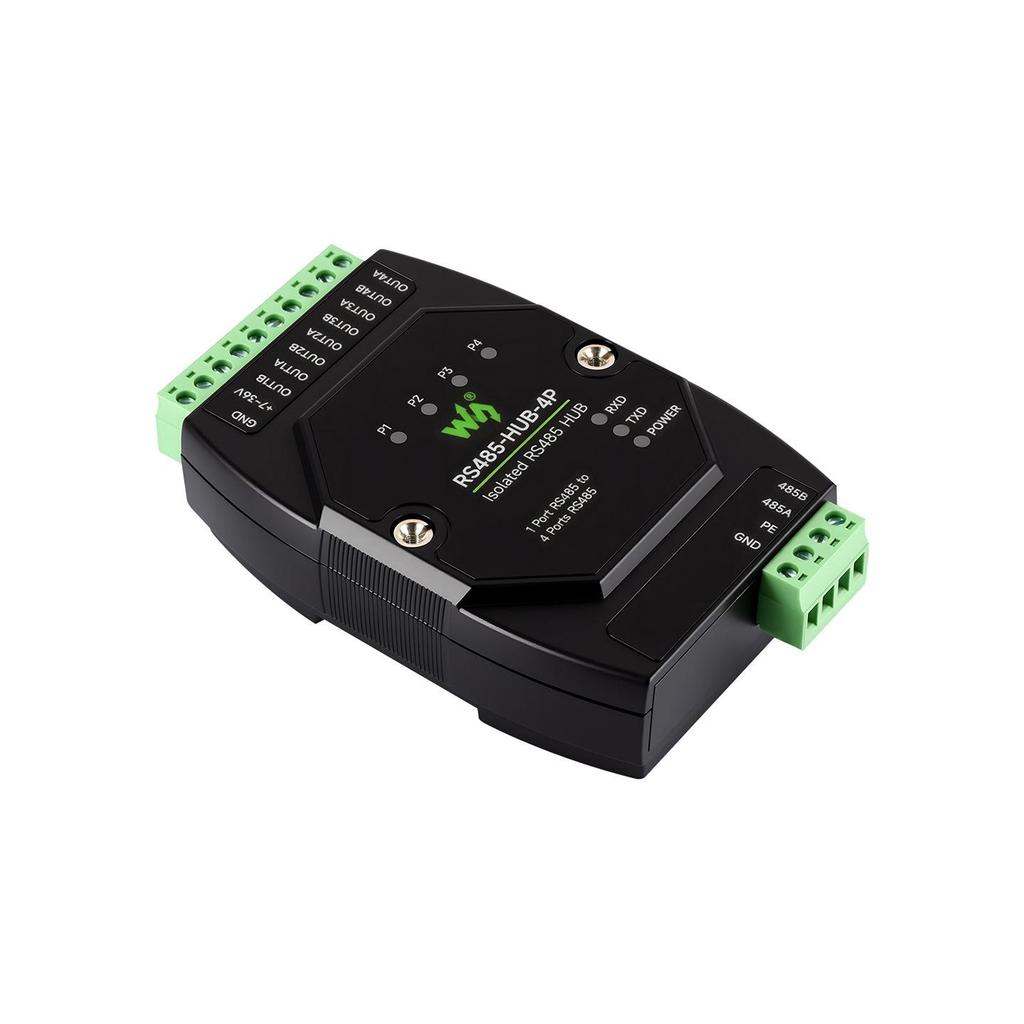 Industrial Isolated 4-Port RS485 Hub Repeater, DIN Rail Mount, Wide Baud Rate
