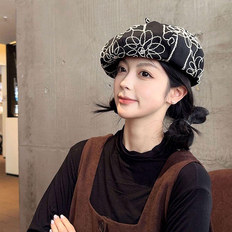 Pălărie nouă de dovleac pălărie retro în față copii primăvară și toamnă casual versatilă broderie cu flori beretă modă
