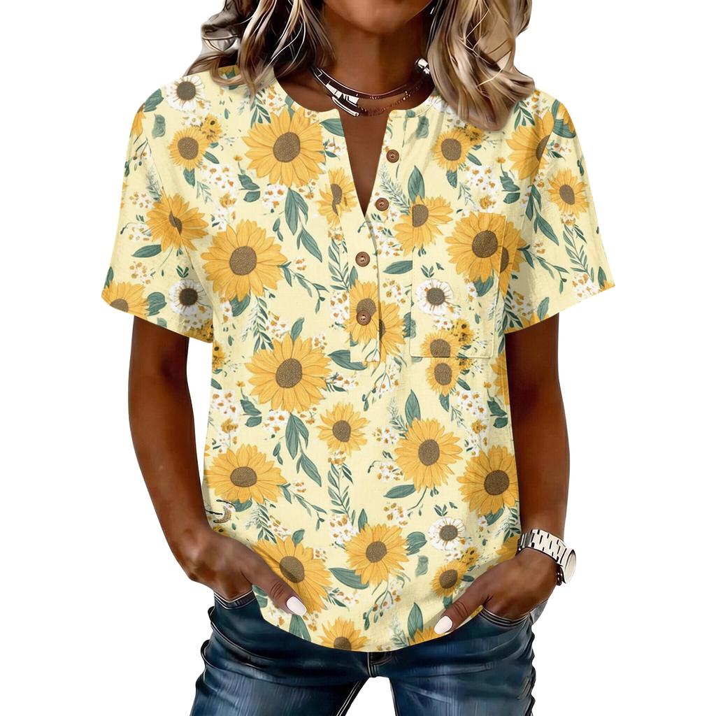 Women’s Short Sleeve Cotton Linen Henley Shirt with Sunflower Print and Button Front Casual Loose Fit Top for Summer Spring