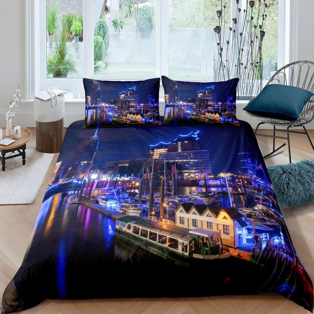 Cityscape Duvet Cover Set New York City Night View Quilt Cover For Boys Adults Microfiber Building Bedding Set 2/3Pcs King Size
