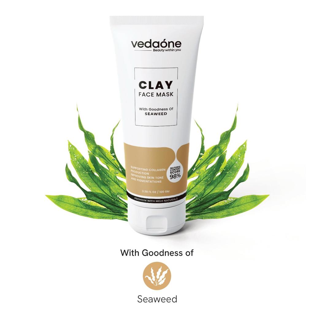 Vedaone Clay Face Mask with Seaweed - Supports Collagen, Improves Skin Tone & Pigmentation, Detoxifies & Exfoliates, 98% Natural, 100gm
