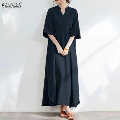 Women Casual V-Neck Summer Loose Short Sleeve Long Dress