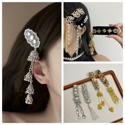 Vintage Ethnic Style Hair Hoop Elegant Chinese Style Side Clip Tassel Bell Hair Clip  Wedding