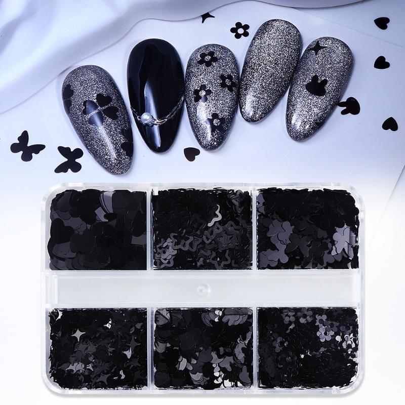 6 Grids Black Heart-shaped Butterfly Star Nail Glitter Mixed Decor Manicure Flakes Paillettes Stunning Seqiuns DIY Nail Manicure