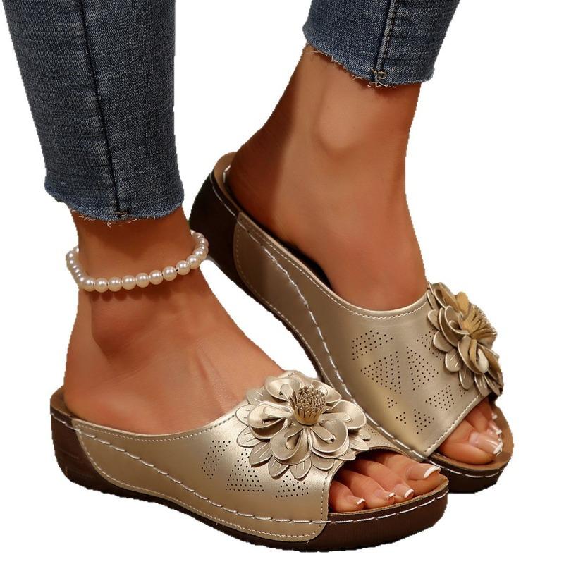 Women's Floral One Band Wedge Slide Slippers, Open Toe Plus Size Lightweight Casual Outdoor Beach Daily Footwear