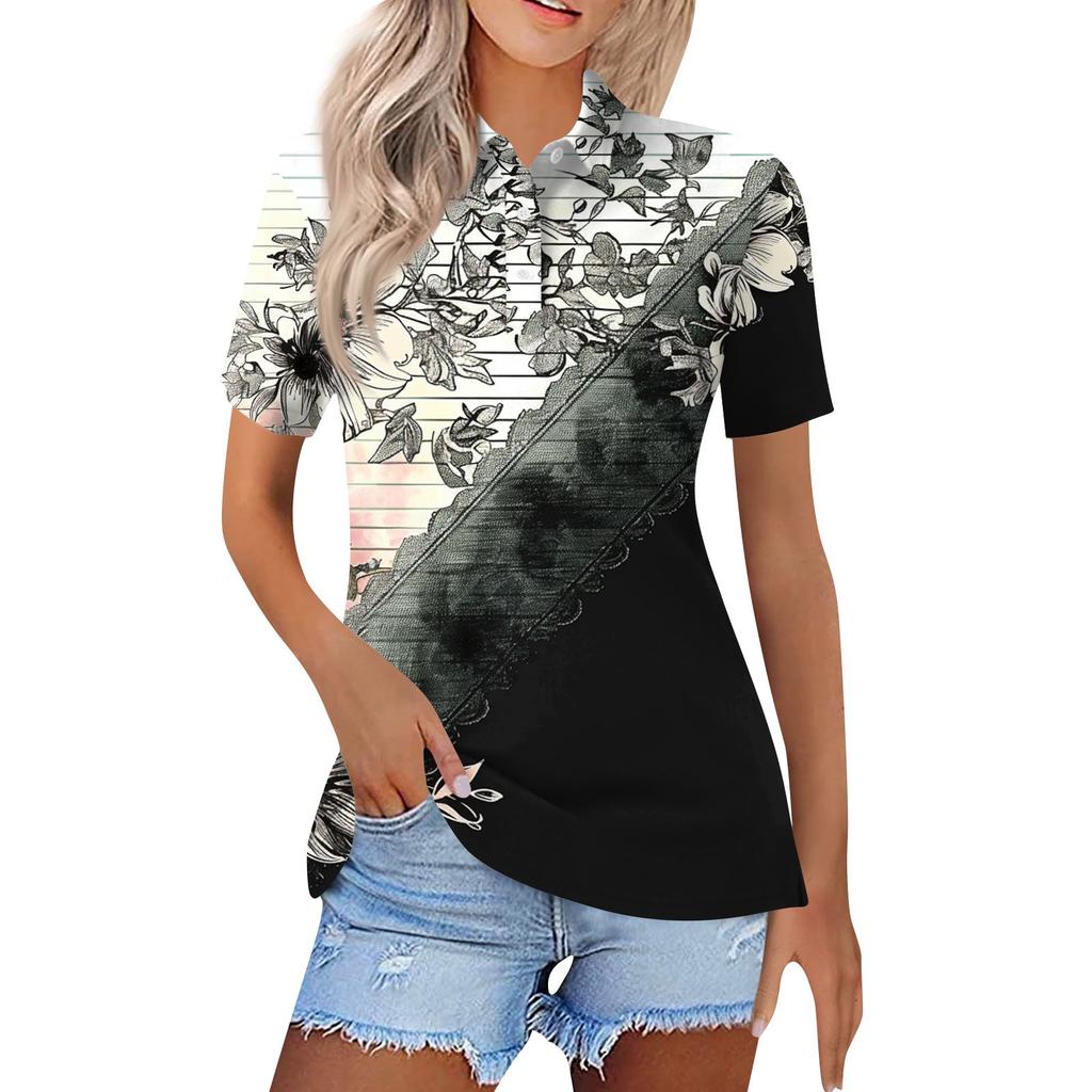Women's Fashion Casual Lapel Short Sleeve Print Shirt Women's Button Up Tops