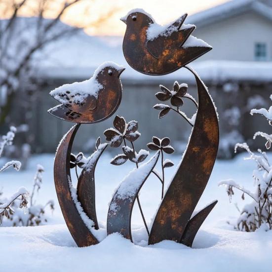 Vogel Wildblume Metall Gartenstecker Dekorativer Außenpflanzenstecker Rustikales Gartendekoration mit Vogel-Blumendesign für Hof Rasen Pflanzgefäße Dekoration