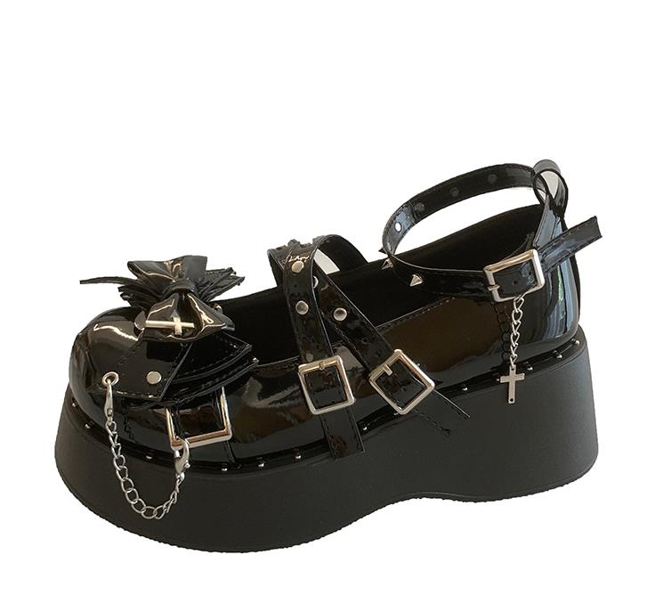 Fashion Punk Goth Chunky Platform Pumps Women 2025 Autumn Bowtie Wedges Mary Jane Lolita Shoes Woman Heart Ankle Buckle Black Shoes