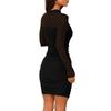 Damen Mesh Durchsichtig Langarm Gerafftes Kleid Sexy Bodycon Mock Neck Cocktail Party Club Kleider