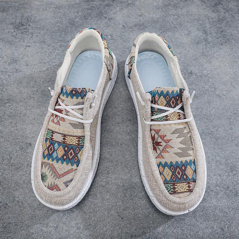 Modne Nowe Etniczne Męskie Buty Lniane Płócienne Buty do Chodzenia Modne Buty Casual Oddychające Płaskie Buty
