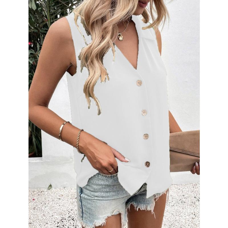 Women Summer New Style Solid Color V Neck Loose Chiffon Shirt Sleeveless Button Down Vest Blouse