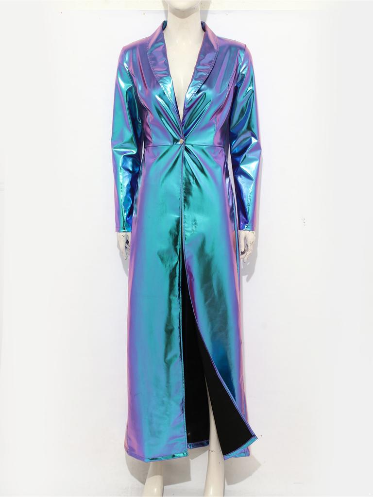 Ladies Shiny Metallic Trench Coat Turn-down Collar One Button Ankle Length Long Coat for Street Club Party Daily