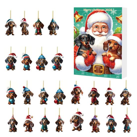 Christmas Dachshund Advent Calendar 2025 Xmas Countdown Calendar 2D Cartoon Dachshund Hanging Decorations Happy New Year Gift for Kids