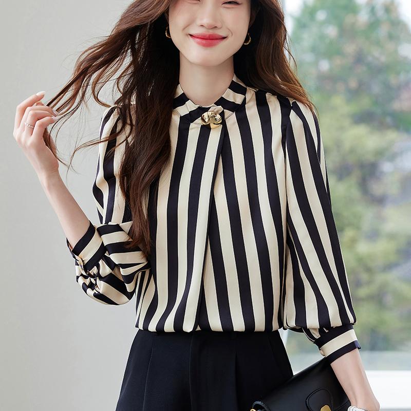Women Blouses Shirts 2025 Spring Long Sleeve Women Blouse Shirt Stand Collar Striped Blouse Shirt Women Tops J907
