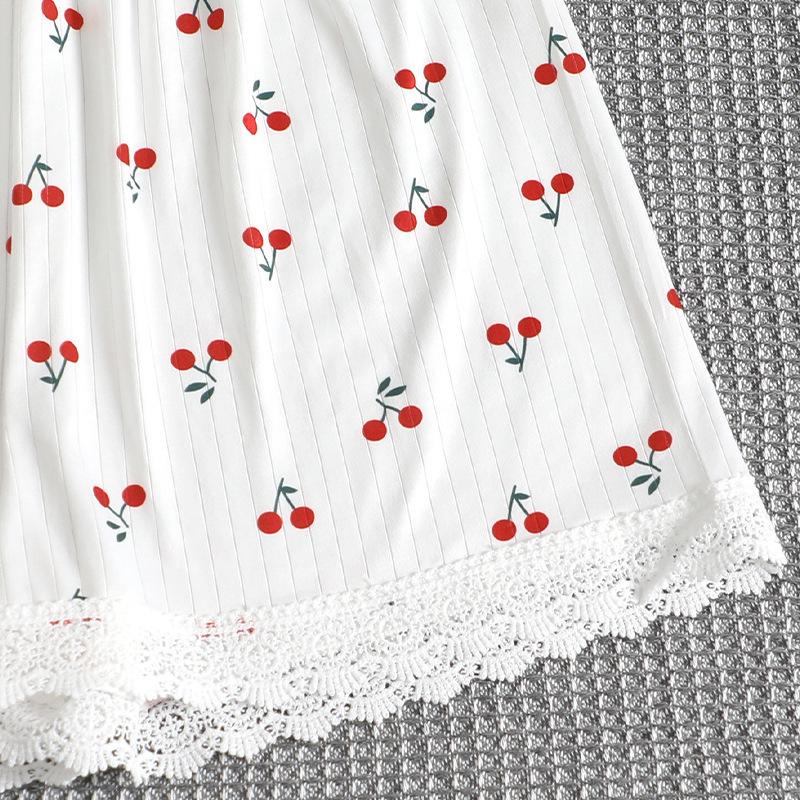 Lace Cherry Print Short-Sleeve Pajama Set: Sexy & Loose Homewear for Women