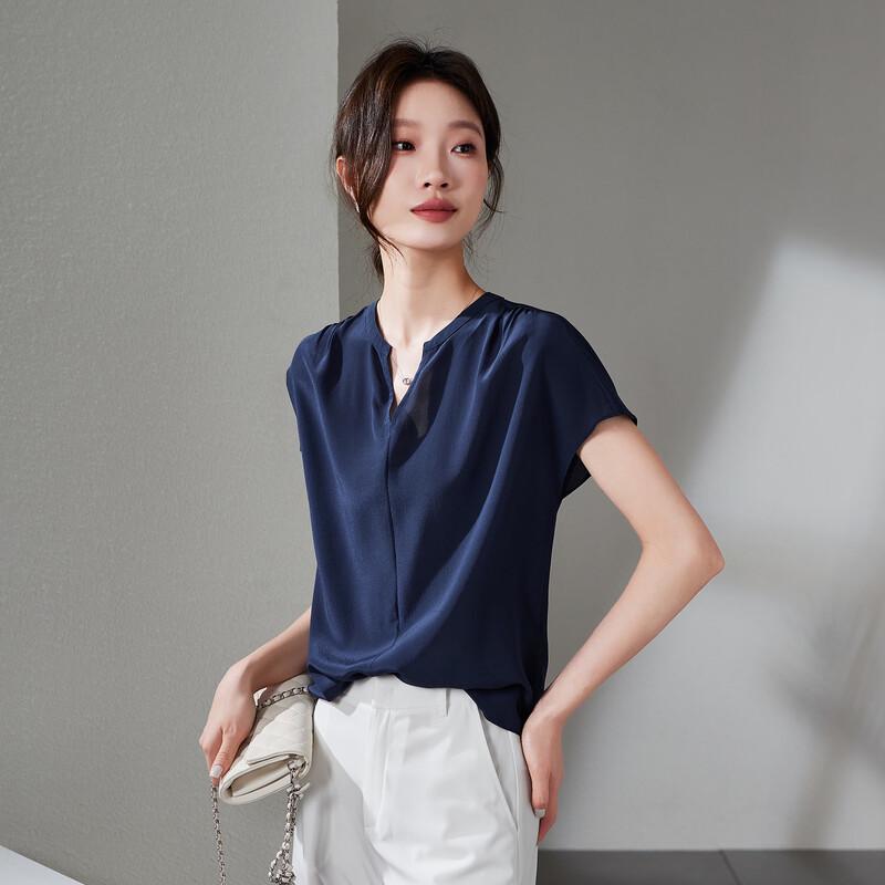 SOFSIL Women s 100% Silk V-Neck Short Sleeve Blouse XL темно-синий