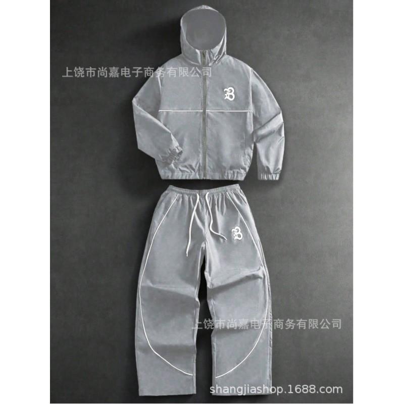 Mens Hooded Zip-Up Letter Print Tracksuit Set Casual Sportswear Lightweight Air Layer Fabric Fall