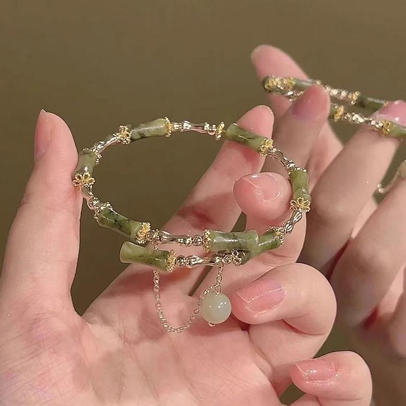 Chinese Style Retro Green Bamboo Joint Beaded Bracelet For Women'S Fashion Unique Exquisite Charm Bracelet Jewelry Gift