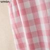 VONDA Summer Women Casual Round Neck Sleeveless Plaid Print Tank Tops