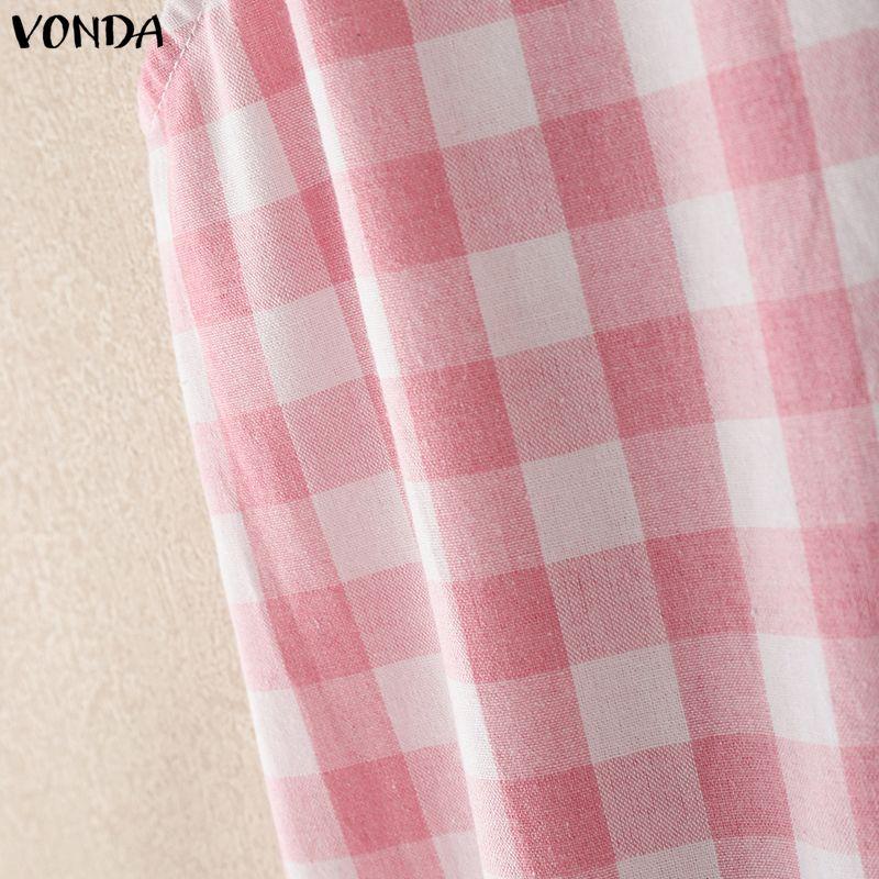 VONDA Summer Women Casual Round Neck Sleeveless Plaid Print Tank Tops
