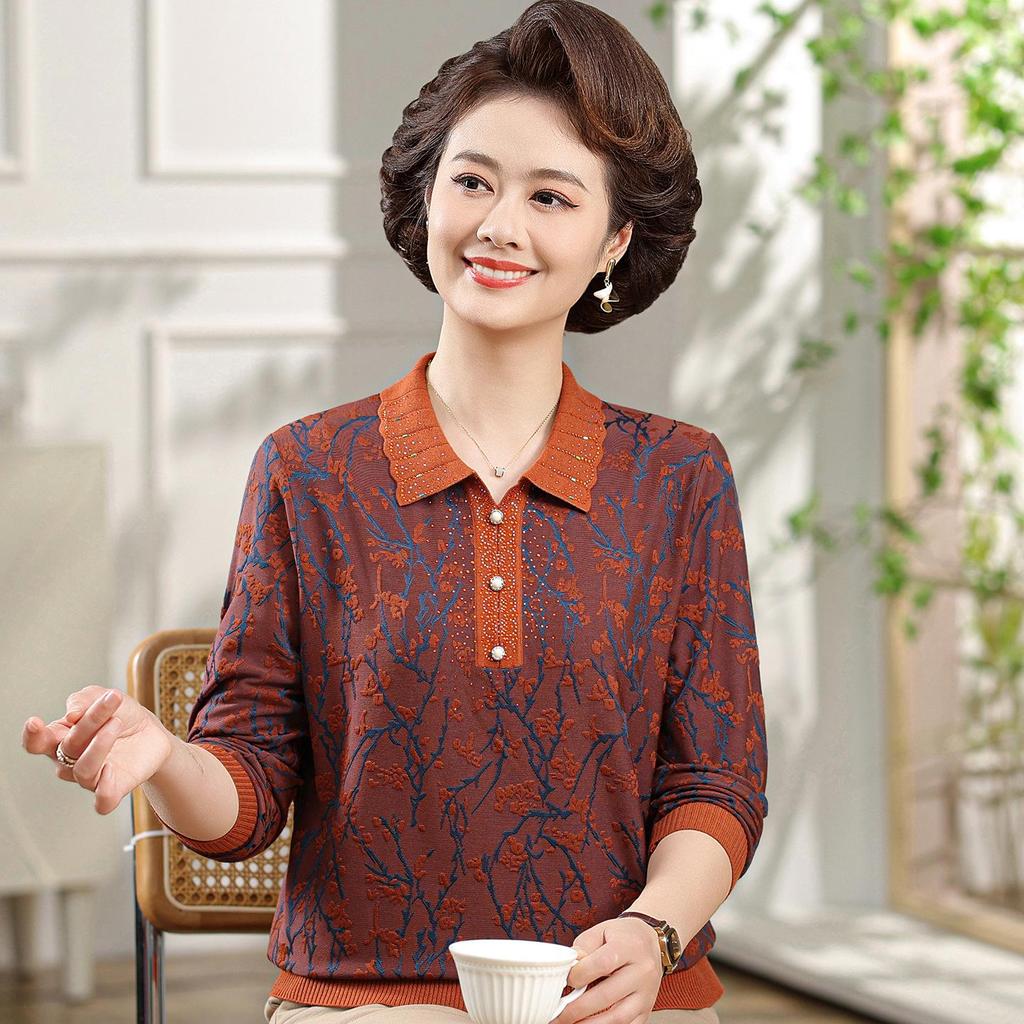 Women's Knitted Long-Sleeve Lapel T-Shirt - Spring & Autumn Fashion for Middle-Aged & Elderly