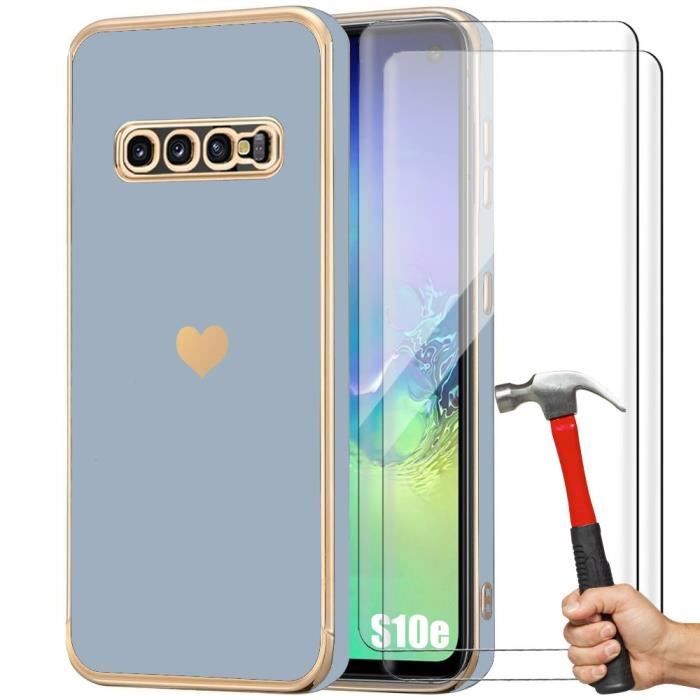 Coque - samsung - galaxy s10e - antichoc - silicone - motif cœur plaqué or - bleu