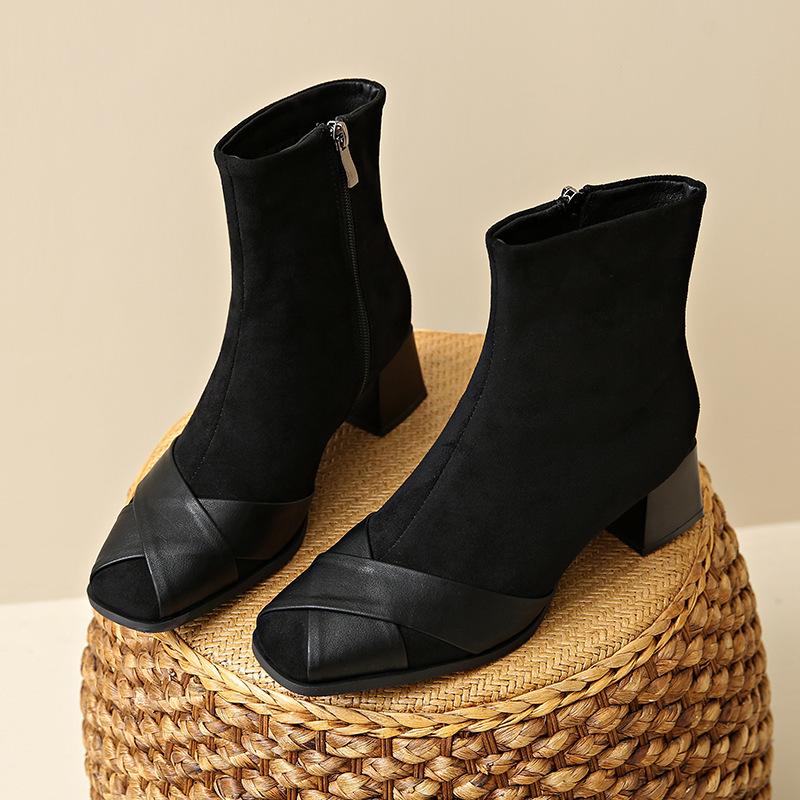 Cowhide version~~ Maillard splicing elastic short boots women's 2025 new autumn thick heel and ankle thin boots single boots