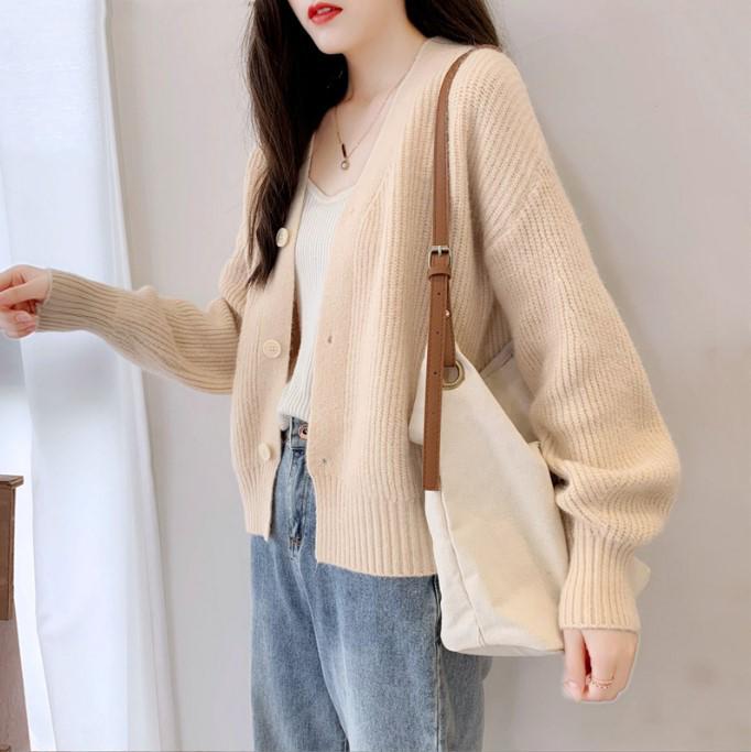 Women's Trendy V-Neck Knit Cardigan: Spring & Autumn Long Sleeve Loose Sweater in Candy Colors